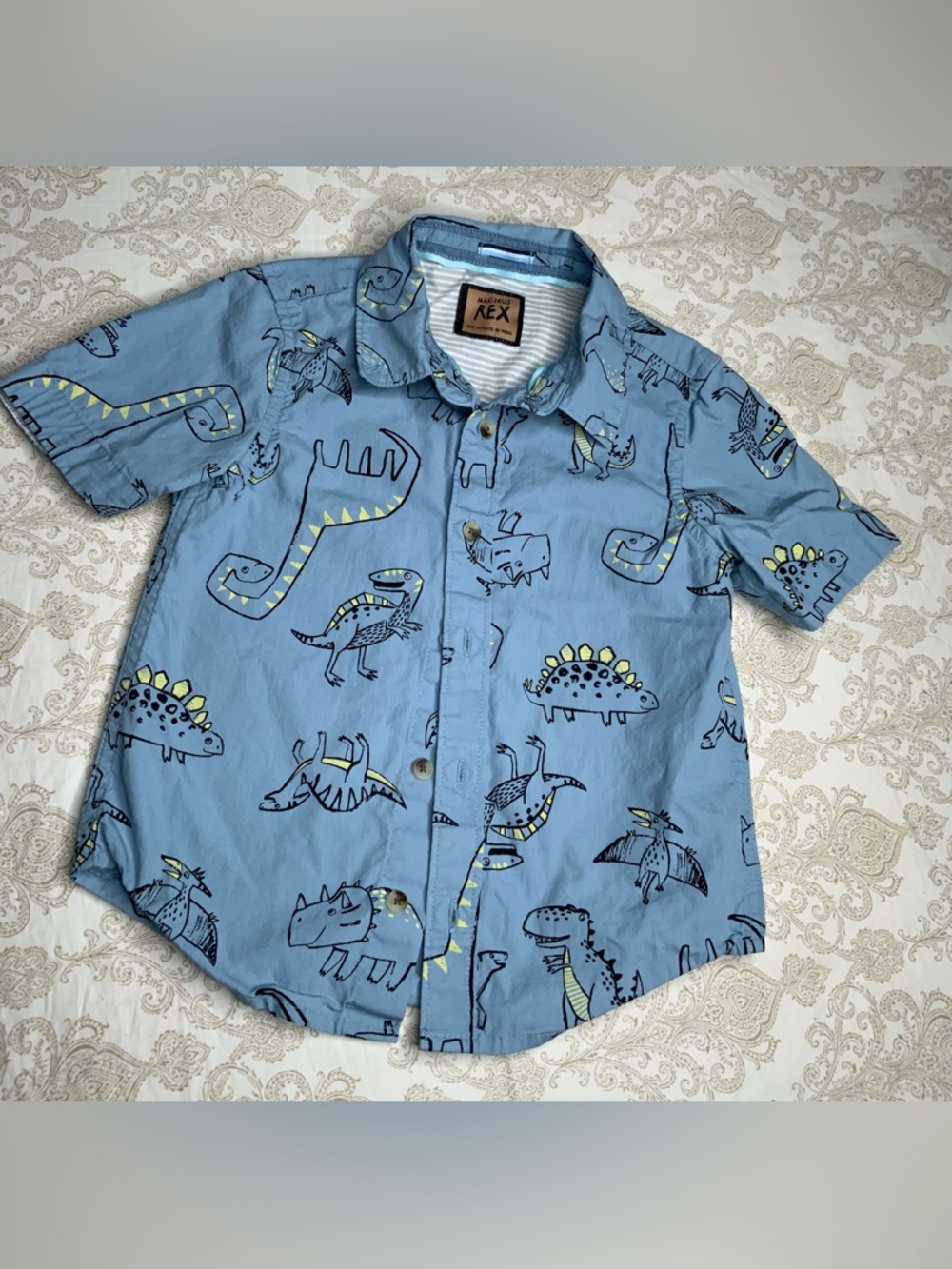 Maximus Rex Dinosaur Print Button Up Shirt 4T Light Blue Short Sleeve